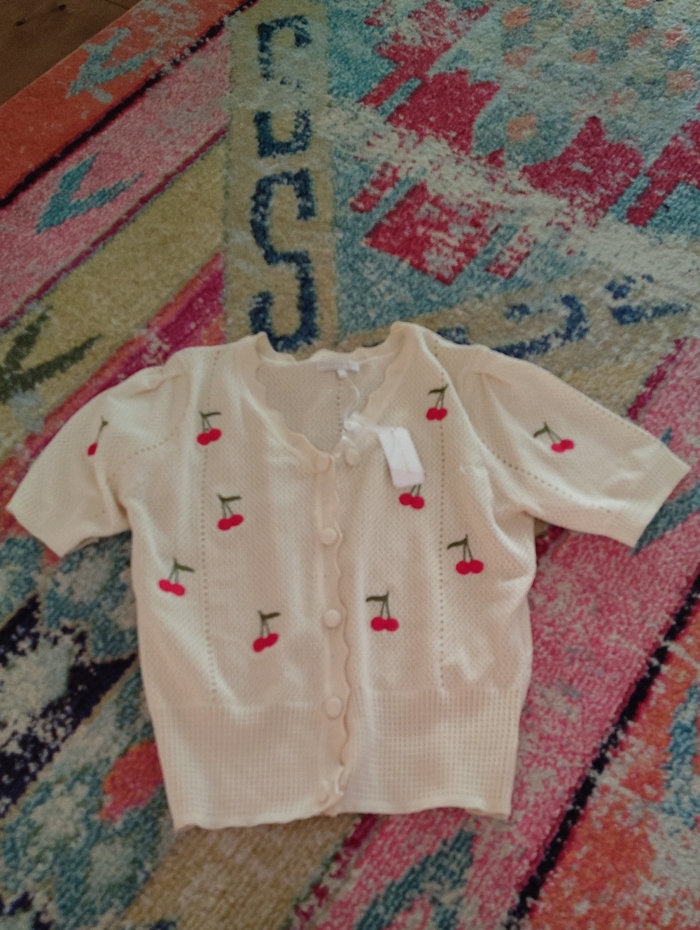 Simply Southern Cream Short Sleeve Cardigan With Cherries - NWT Large